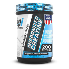 BPI Sports Micronized Creatine bottle with unflavored powder ready to mix.