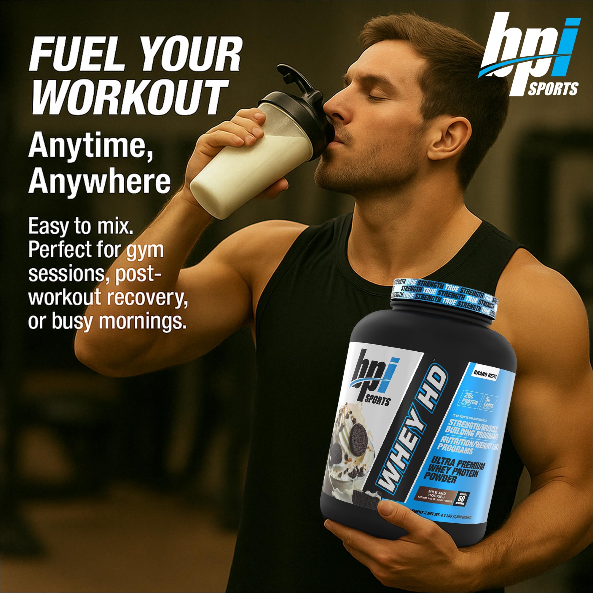 BPI Sports Whey HD scoop close-up showing 25 g protein per serving.