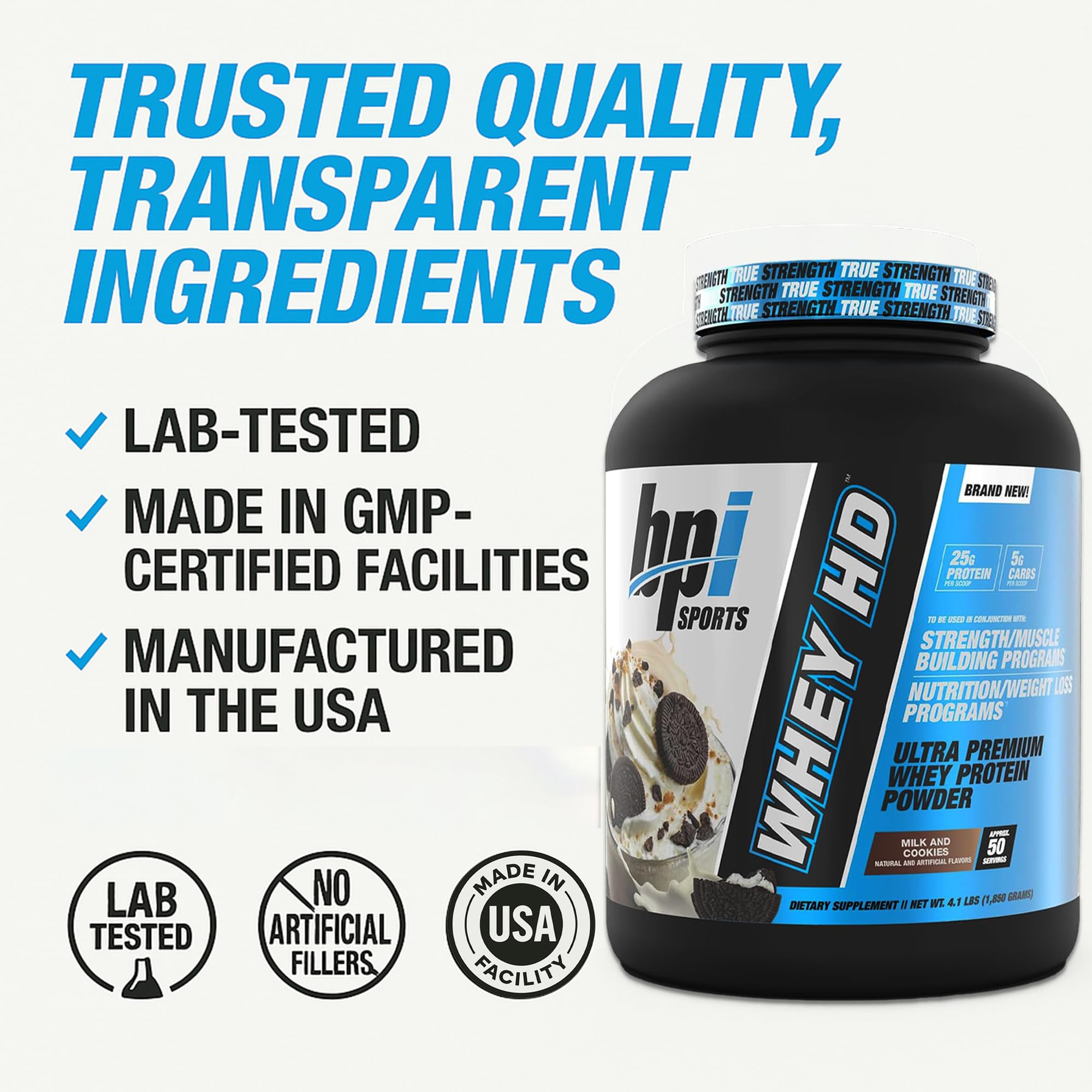 Open Whey HD tub with scoop ready for clean, measured servings.