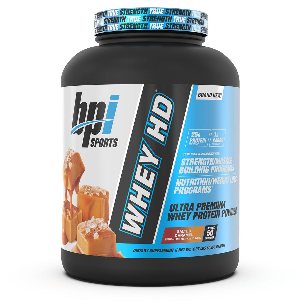 BPI Sports Whey HD tub in Salted Caramel flavor for post-workout recovery.