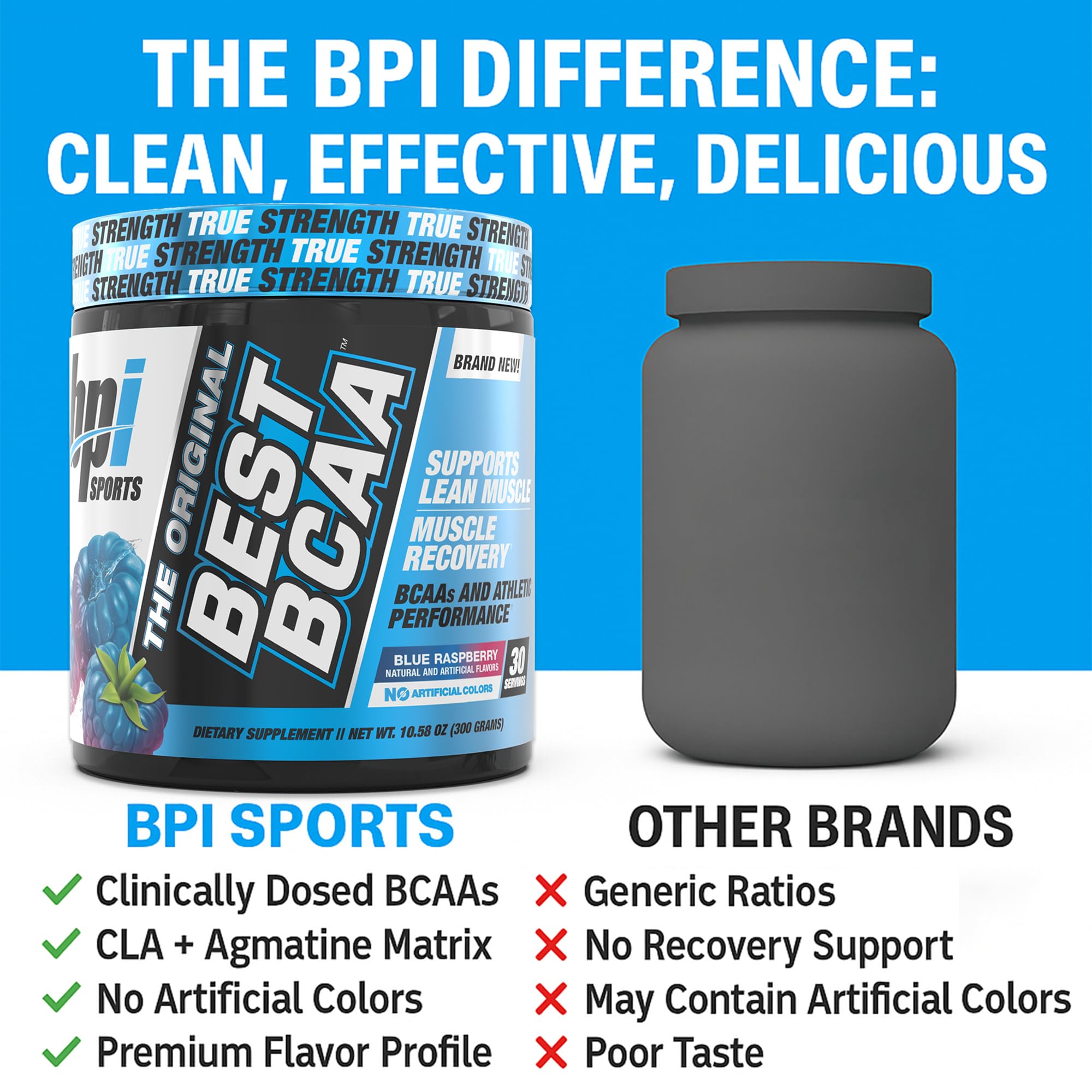 BPI Sports Best BCAA blue raspberry powder dissolving in water for fast absorption.