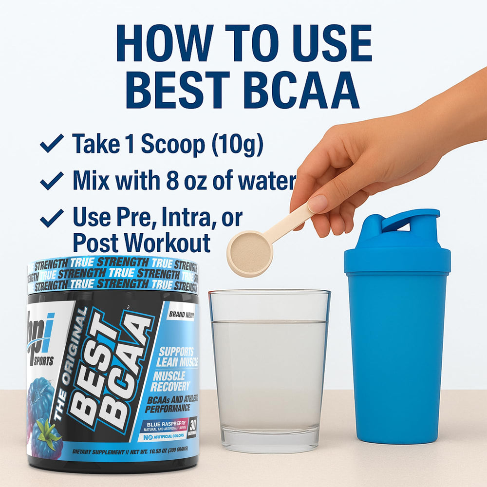 BPI Sports Best BCAA blue raspberry in a glass with vibrant color and hydration vibe.