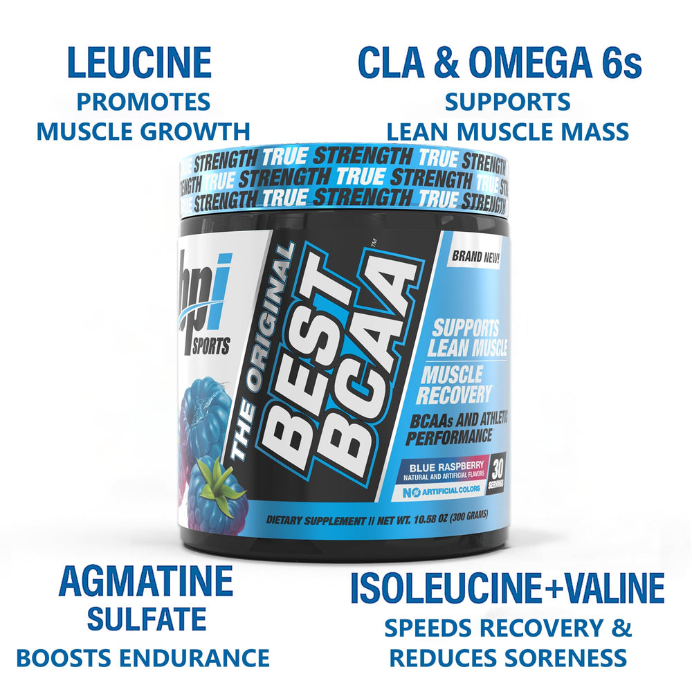 BPI Sports Best BCAA blue raspberry label close-up showing zero sugar information.