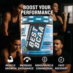BPI Sports Best BCAA blue raspberry pouring into a glass for quick mix and refreshment.