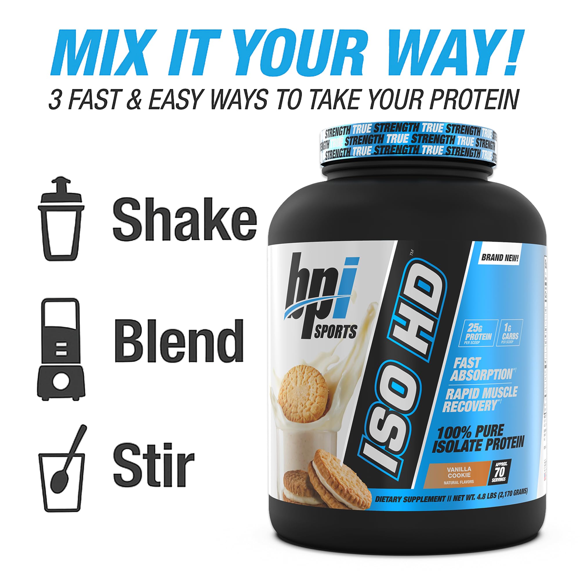 BPI Sports ISO HD container label communicates premium protein in a cGMP-certified facility