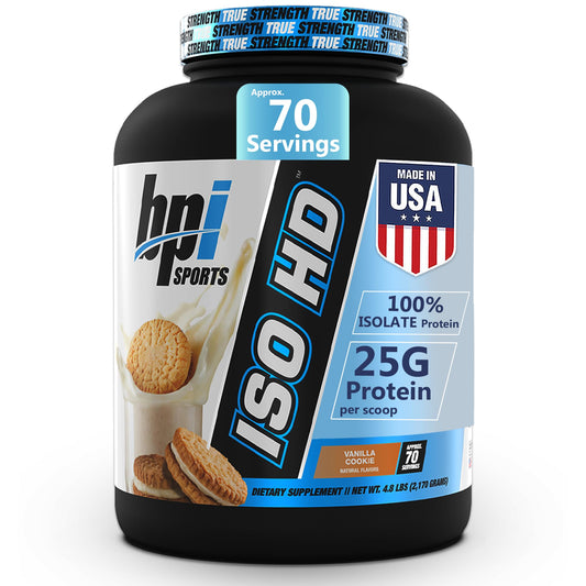 BPI Sports ISO HD whey isolate bottle pour shows quick post-workout protein option