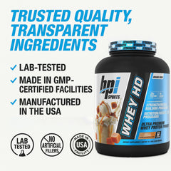 BPI Sports Whey HD shaker bottle with powder.