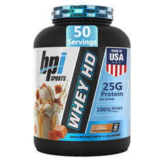 BPI Sports Whey HD tub front highlighting high-protein formula.