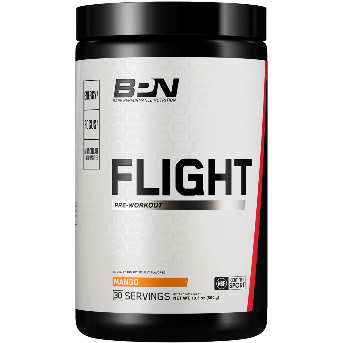 BARE PERFORMANCE NUTRITION BPN Flight canister front view highlights mango flavor and energy potential.