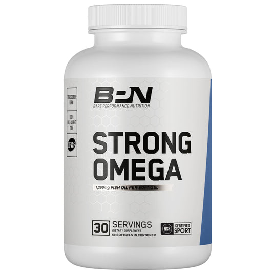 Bare Performance Nutrition Strong Omega soft gels bottle front for daily omega-3 support.