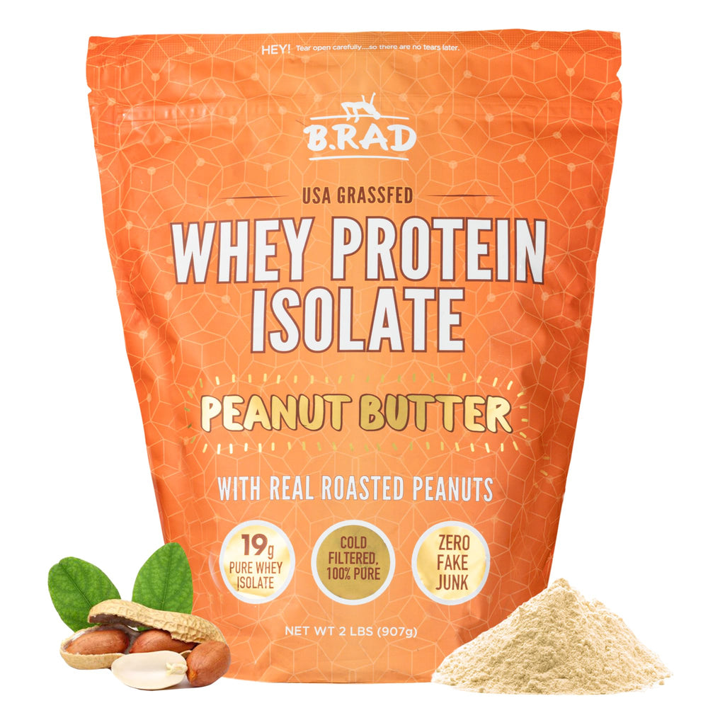 B.rad Grass-Fed Whey Protein Isolate packaging highlights premium, clean ingredients for daily use