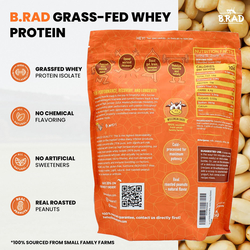 B.rad Grass-Fed Whey Protein Isolate scoop beside powder for precise servings