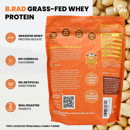 B.rad Grass-Fed Whey Protein Isolate scoop beside powder for precise servings