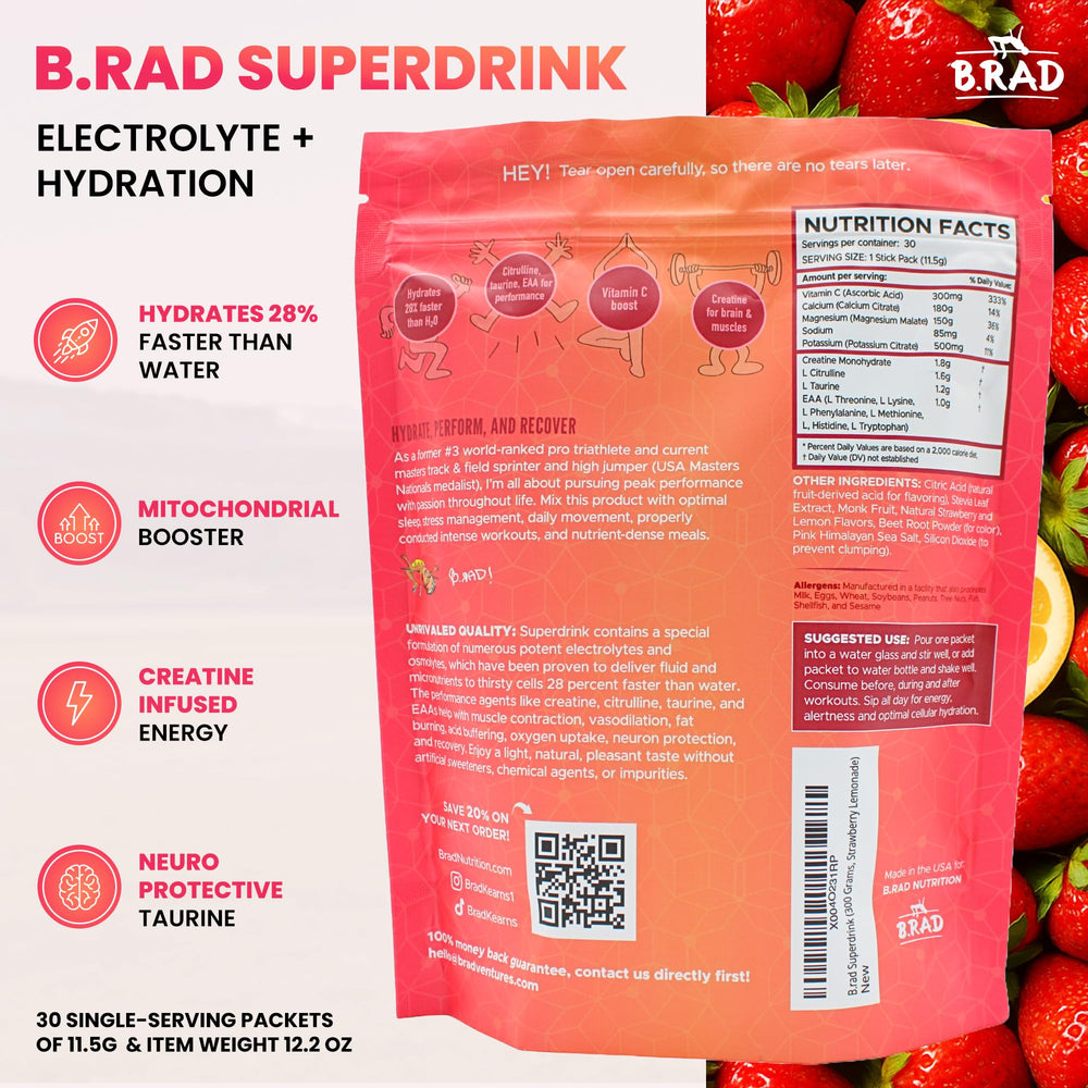 Brad Superdrink glass pour showcases refreshing strawberry lemonade hydration