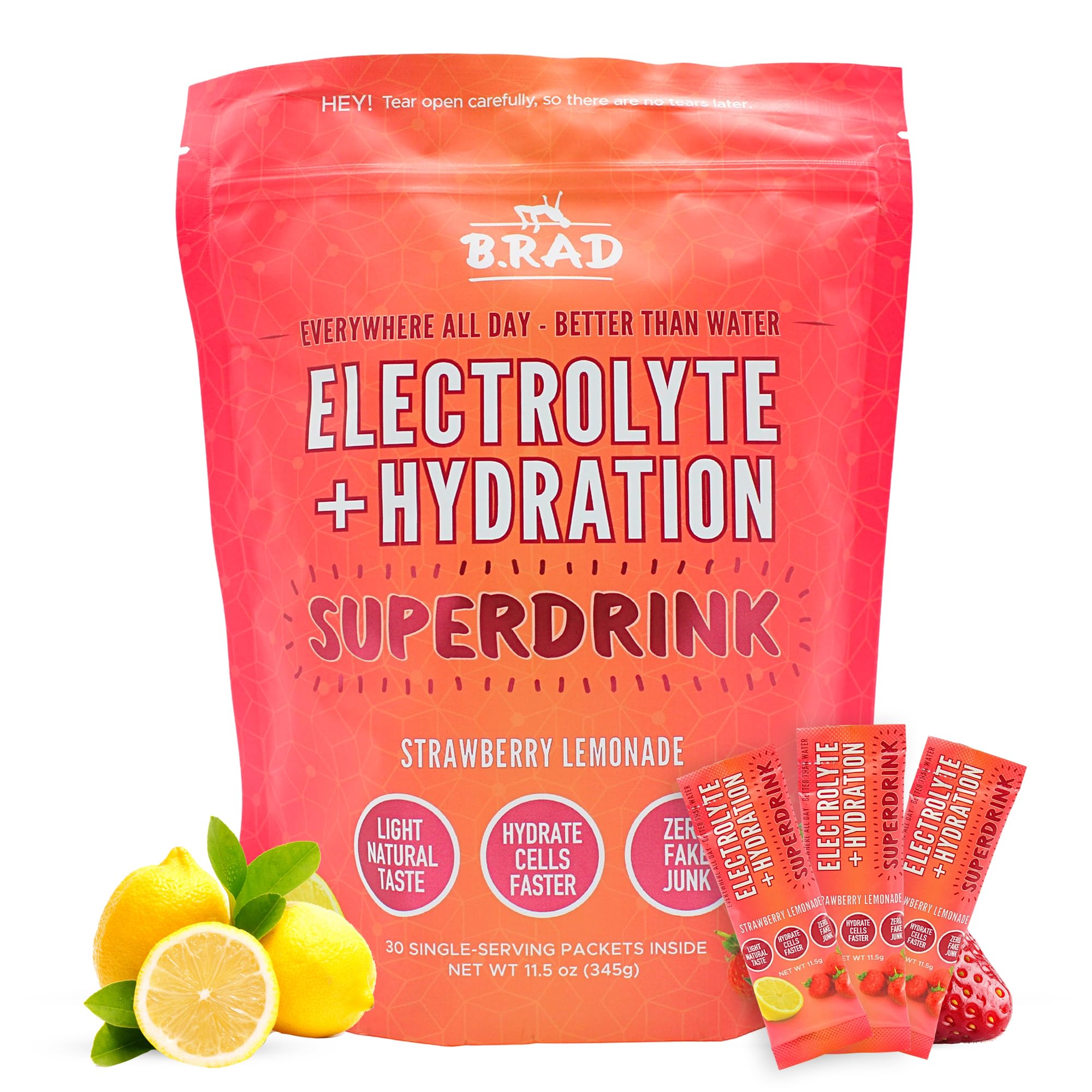 Brad Superdrink front packaging highlights fast hydration with electrolytes