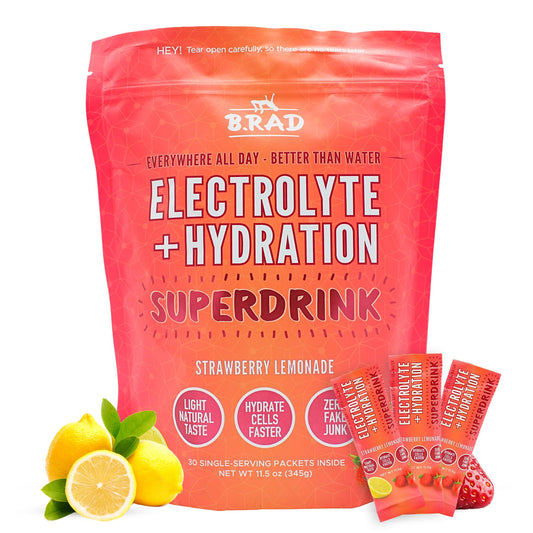Brad Superdrink front packaging highlights fast hydration with electrolytes