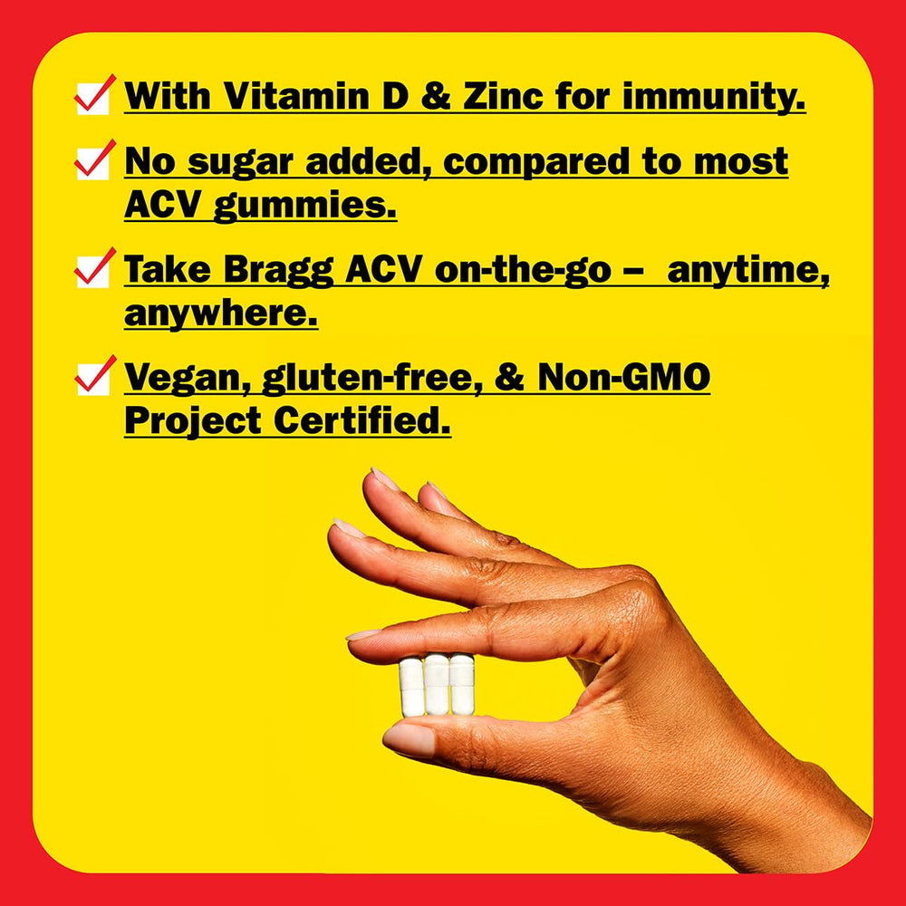 Bragg ACV capsules daily dosage scene with water for easy consumption.