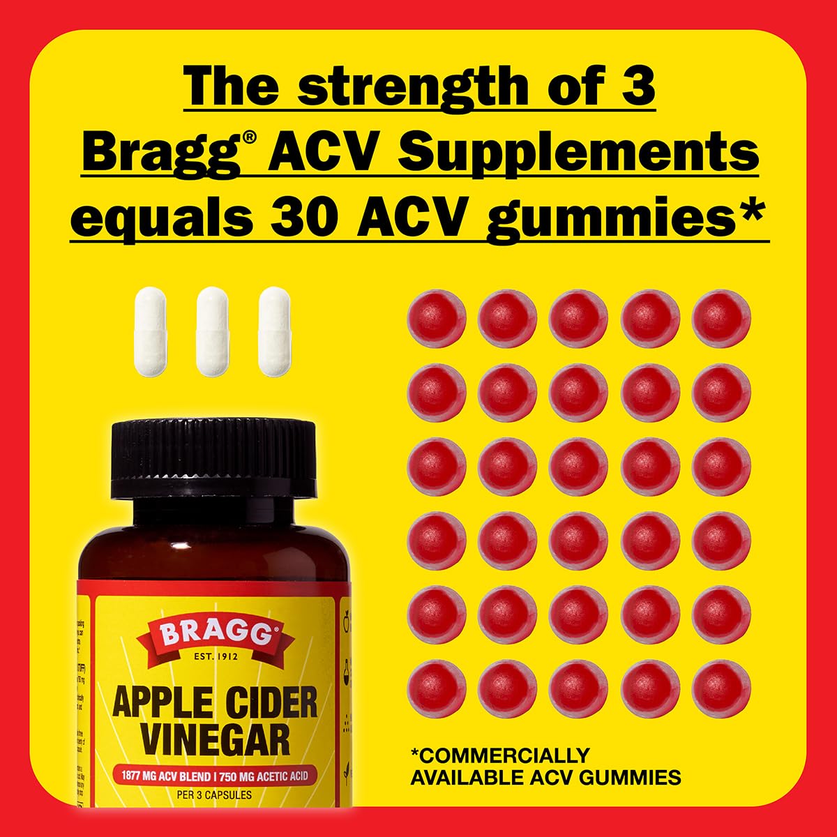 Bragg ACV capsules vs gummies comparison graphic highlighting sugar-free option.