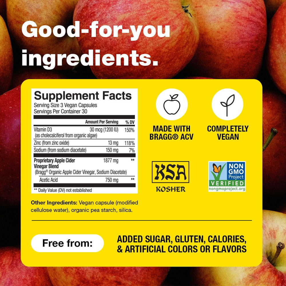 Bragg ACV capsules label detail highlights sugar-free formulation.