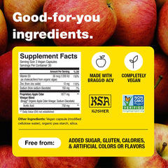 Bragg ACV capsules label detail highlights sugar-free formulation.