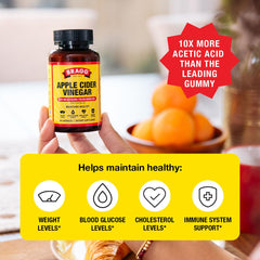 Bragg bottle close-up label highlighting organic ACV blend and nutrient callouts