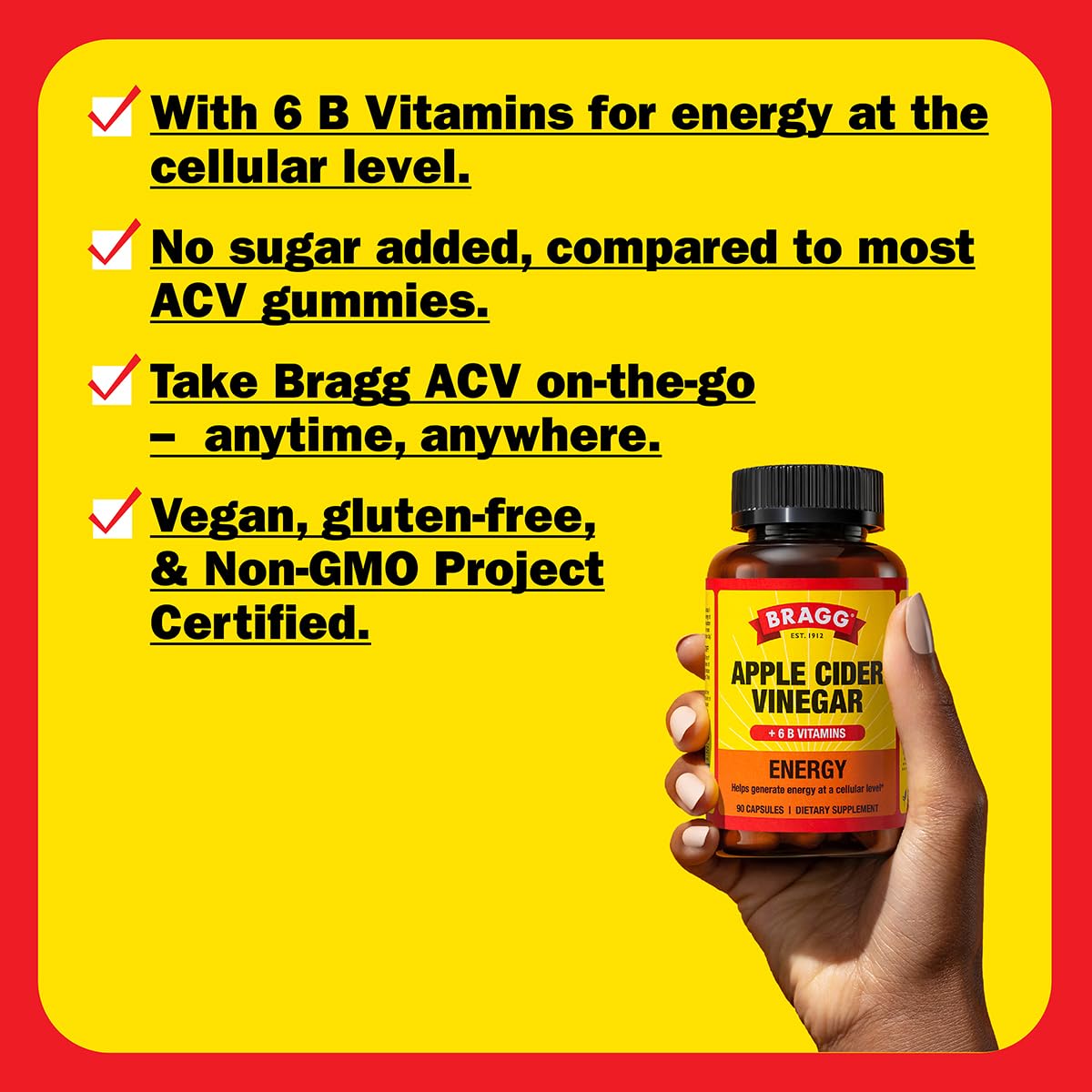 Bragg Energy ACV Capsules label close-up showing ingredients overview.