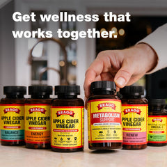 Bragg on a kitchen counter by breakfast items implying daily wellness routine
