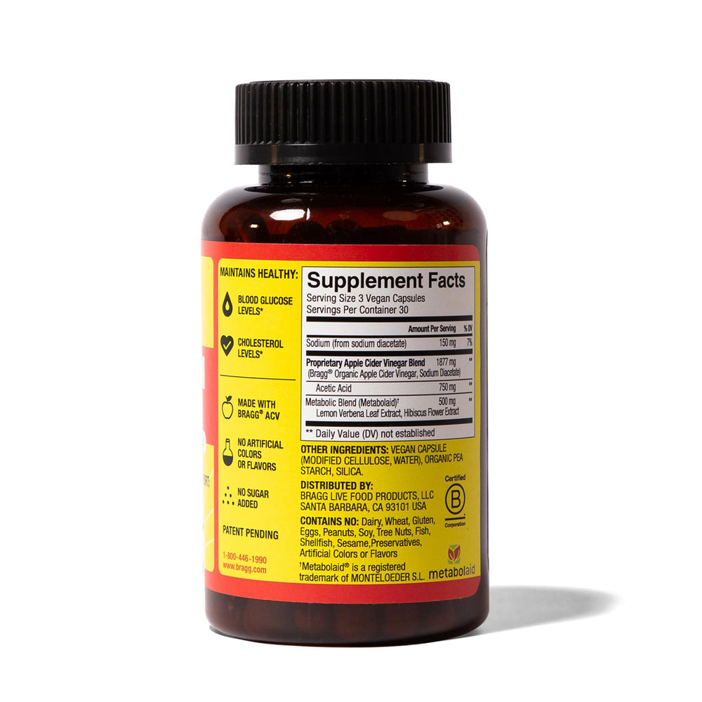 Bragg Metabolism Support capsules being poured for a convenient daily routine.