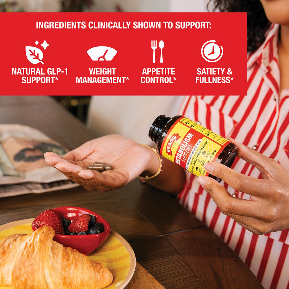 Bragg Metabolism Support label closeup with ingredients and GLP-1 support notes.