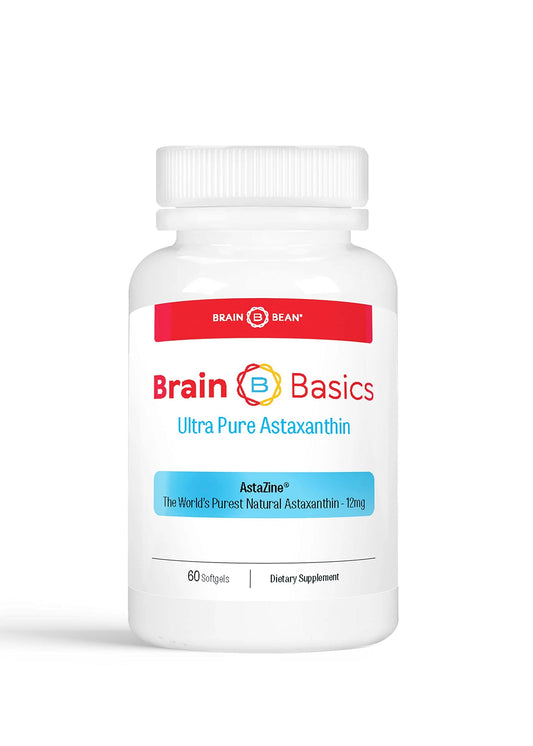 Brain Bean Brain Basics Ultra Pure Astaxanthin bottle front with 60 softgels for memory and focus.