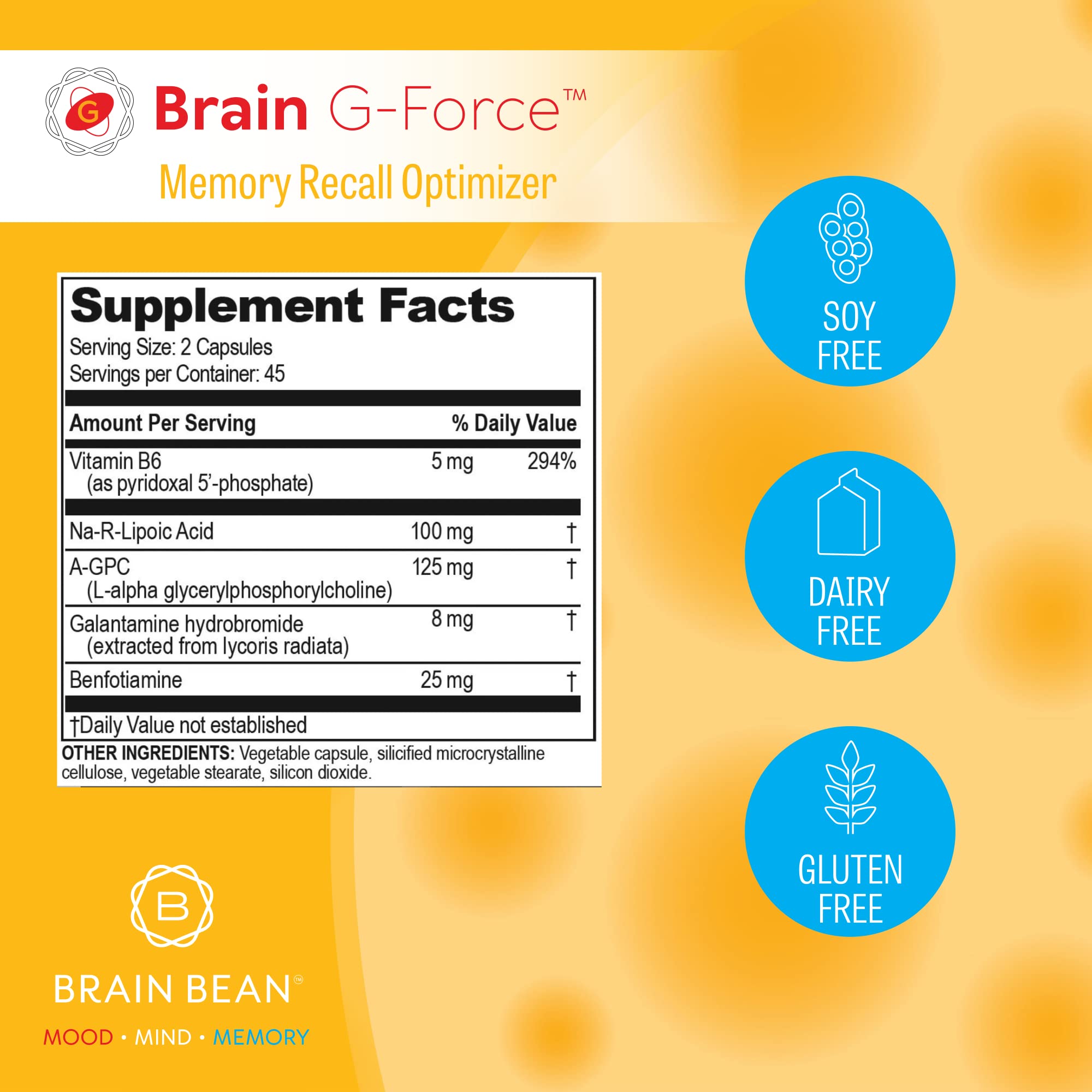 Brain Bean Brain G-Force capsules closeup shows clean formulation for cognitive support.