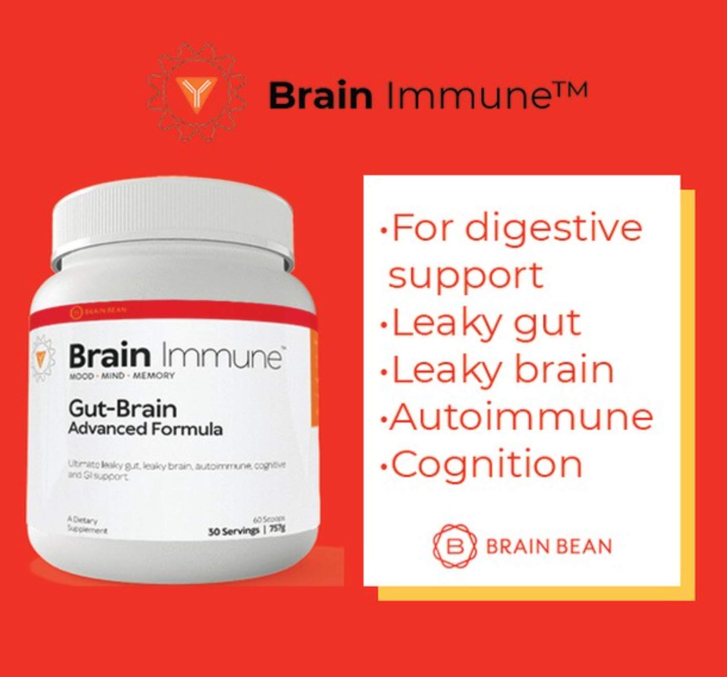 Brain Bean Brain-Immune label-closeup highlighting key ingredients and synergy.