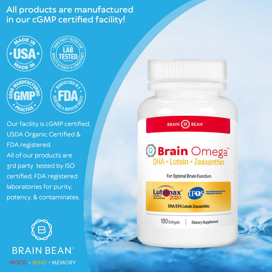 Brain Bean Brain Omega capsule close-up highlights DHA and EPA for heart and cognitive support