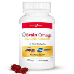 Brain Bean Brain Omega softgel bottle demonstrates daily omega-3 support for brain health