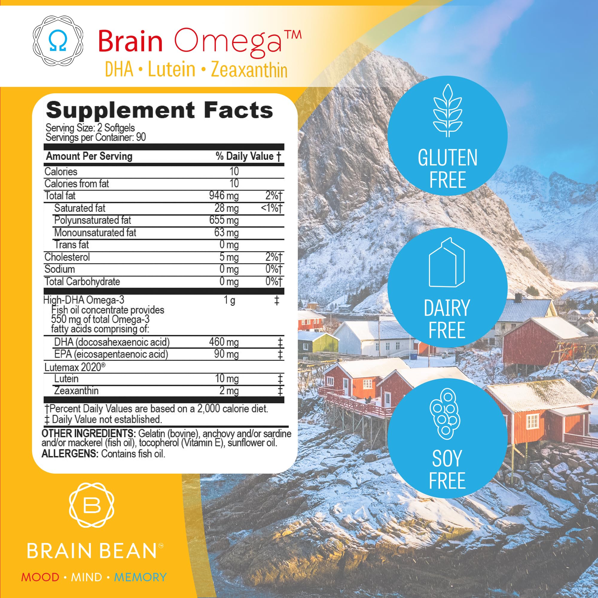 Brain Bean lutein and zeaxanthin softgel close-up emphasizes eye health and antioxidant support