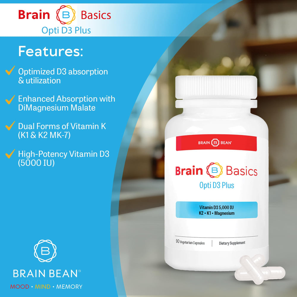 Brain Bean Opti D3 Plus dose chart on packaging for clear dosage guidance