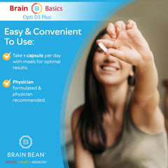 Brain Bean Opti D3 Plus soy-free icon on bottle for dietary flexibility