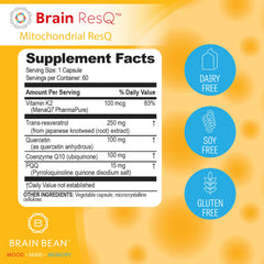 Brain Bean PQQ CoQ10 blend visual emphasizing mitochondria support