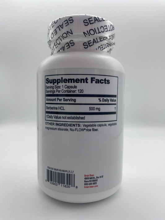Brain Bean Ultra Berberine HCL capsules closeup showing 500 mg dose