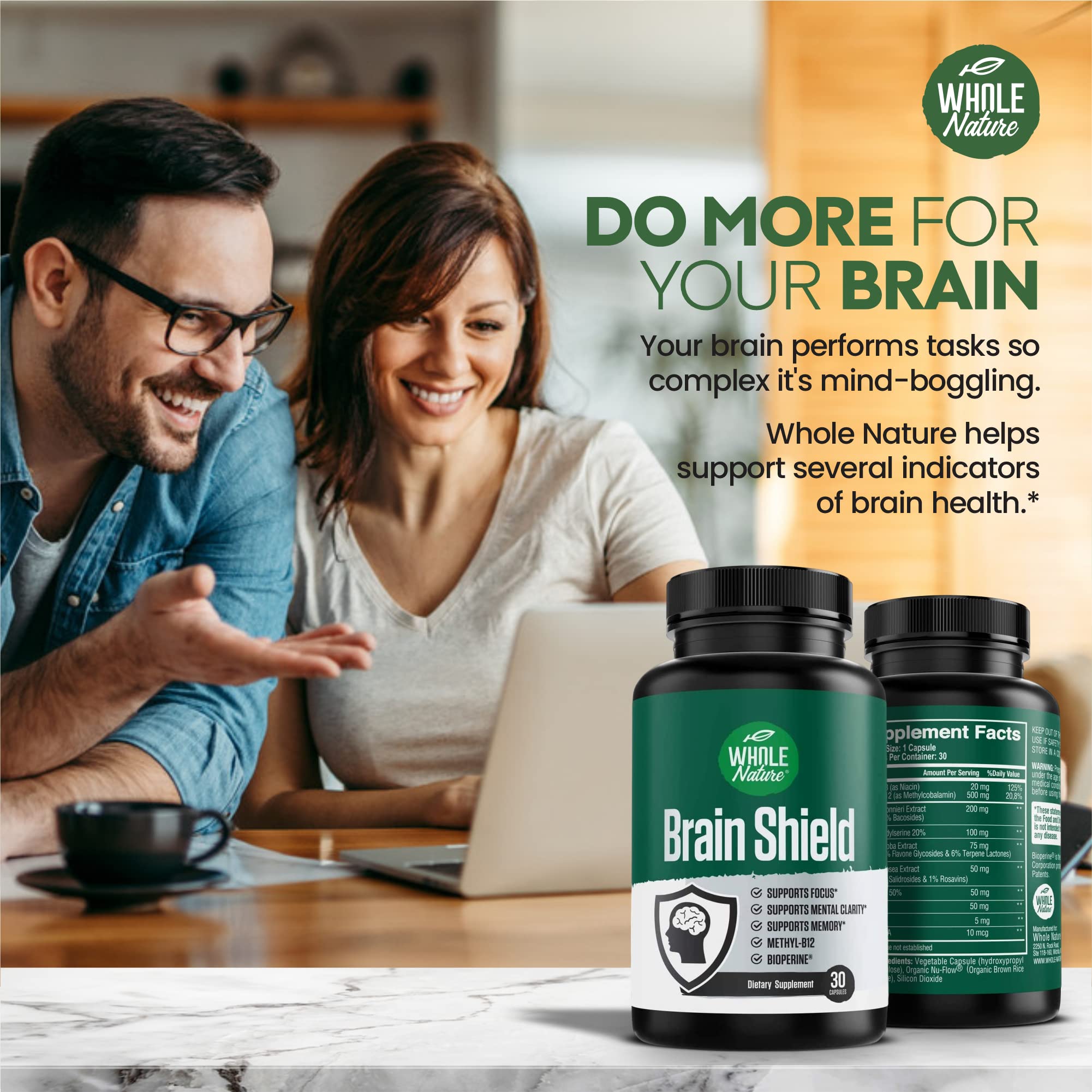 Brain Shield bottle with glass of water during morning routine.