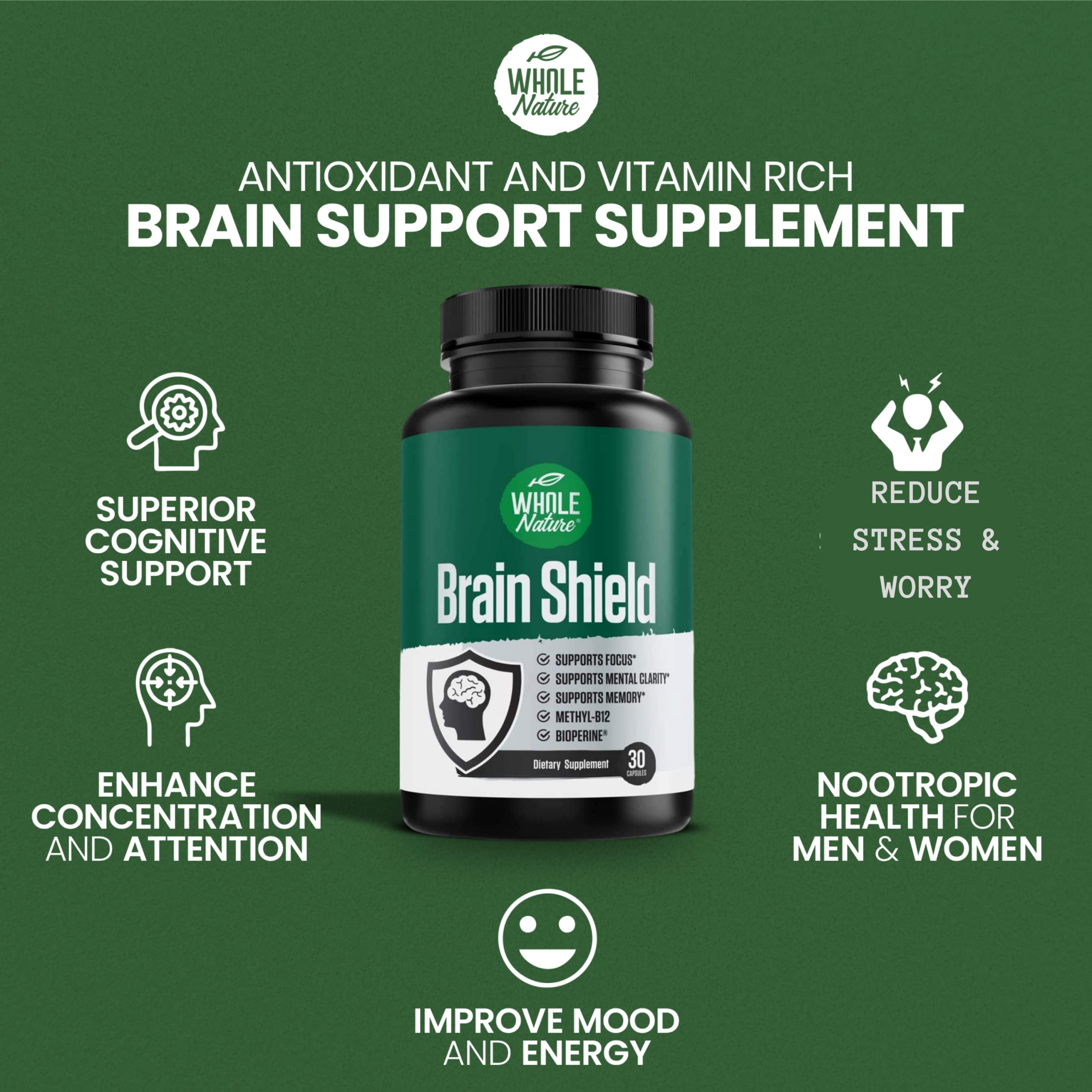 Close-up of Brain Shield front label emphasizing vegan formula.