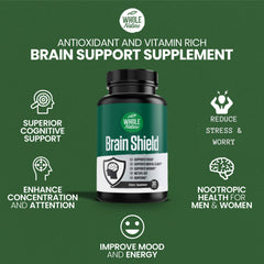 Close-up of Brain Shield front label emphasizing vegan formula.