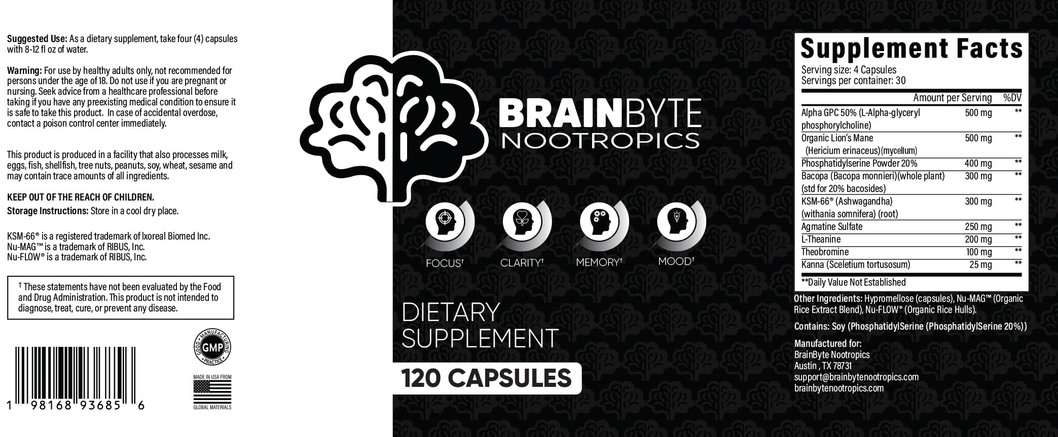 BrainByte Nootropics label close-up highlighting calm concentration benefits