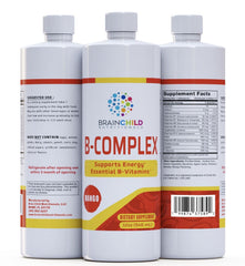 BrainChild B-Complex Liquid bottle mango highlighting energy support and easy mixing.