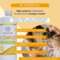 BrainChild B-Complex Liquid bottle pour; easy to mix into water or juice for daily energy.