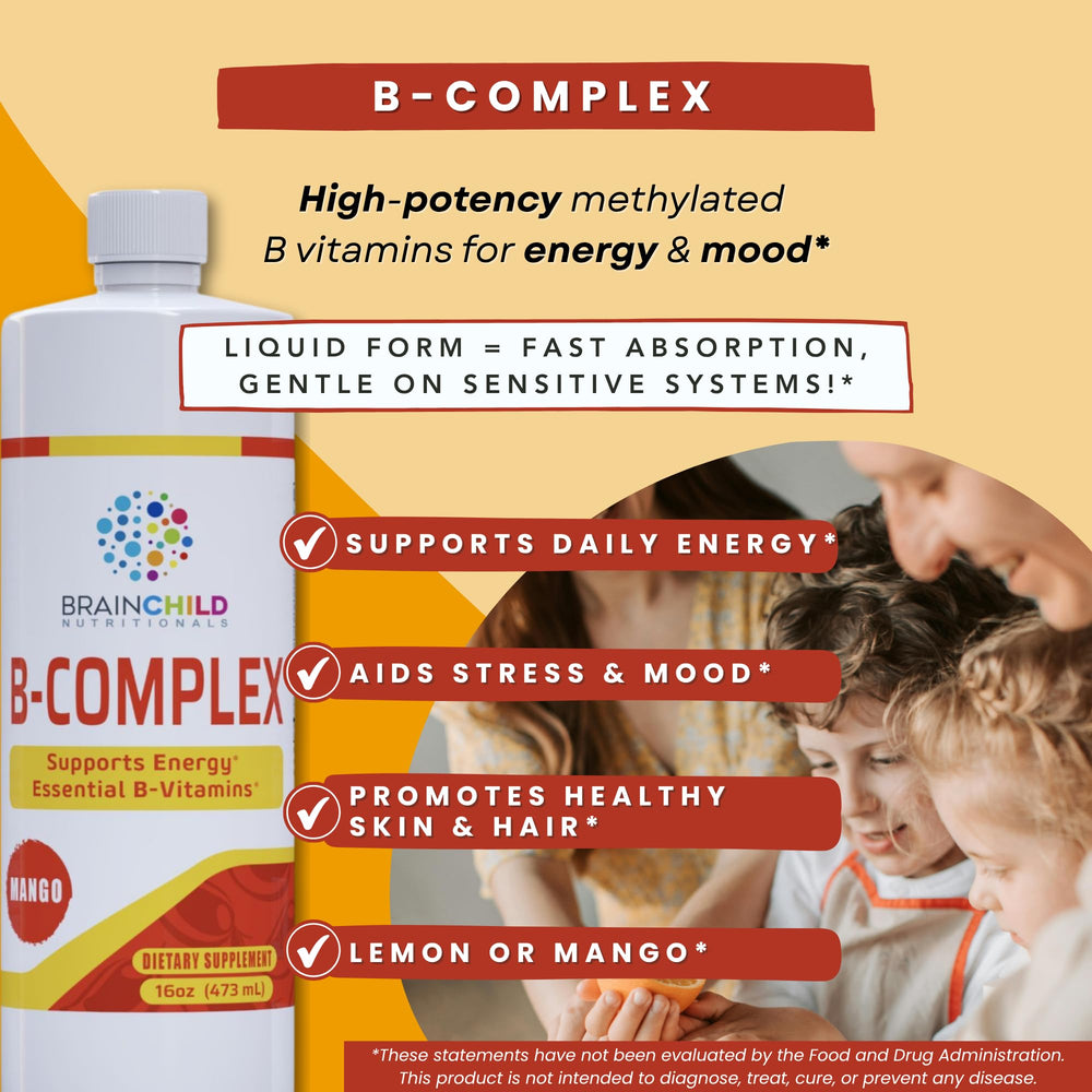 BrainChild B-Complex Liquid dropper mango for quick absorption.