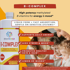 BrainChild B-Complex Liquid dropper mango for quick absorption.