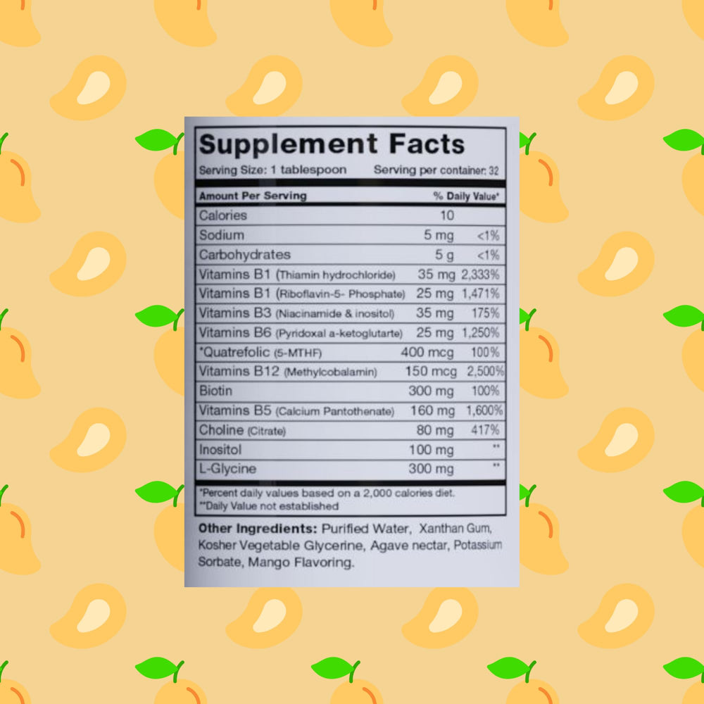 BrainChild B-Complex Liquid glass mango ready to energize mornings.