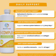 BrainChild B-Complex Liquid glass with mix; fast-absorbing, supports daily energy.