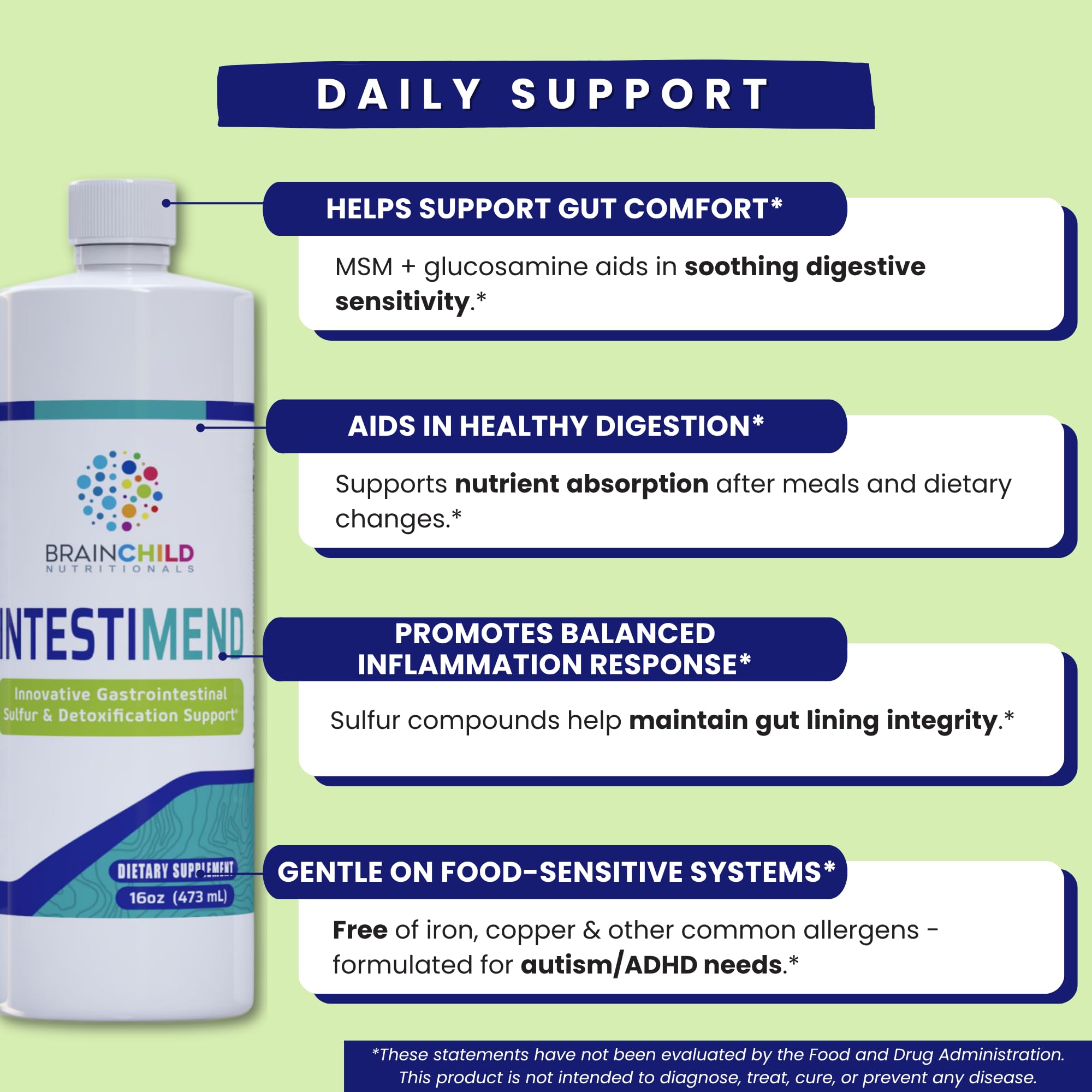 BrainChild Nutritionals IntestiMend ingredients panel highlights glucosamine and MSM for gut support.